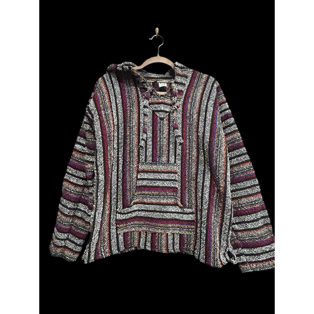 Unisex Artisanas Sanfe Mexico Baja Poncho Size Lg Red Green Yellow Black Runs Sm